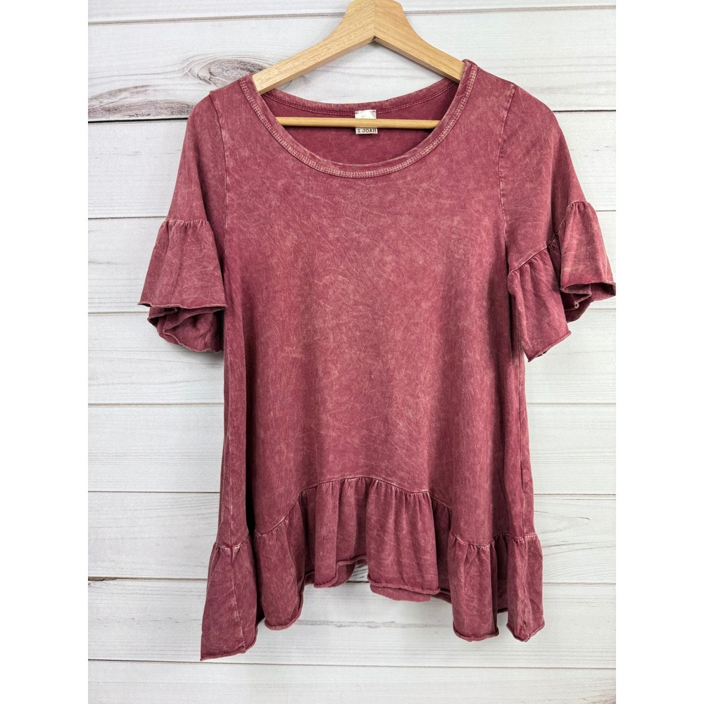 I JOAH Women's Dusty Rose‎ Mineral Wash Ruffle Sleeve Peplum Tee Shirt Top